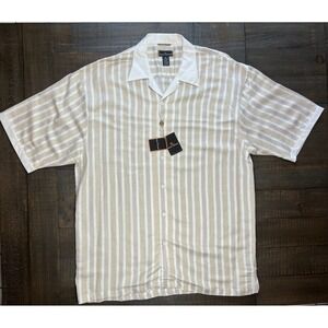 NWT Stacy Adams Linen/Viscose Short Sleeve Button Down Shirt, Tan and White 2XL